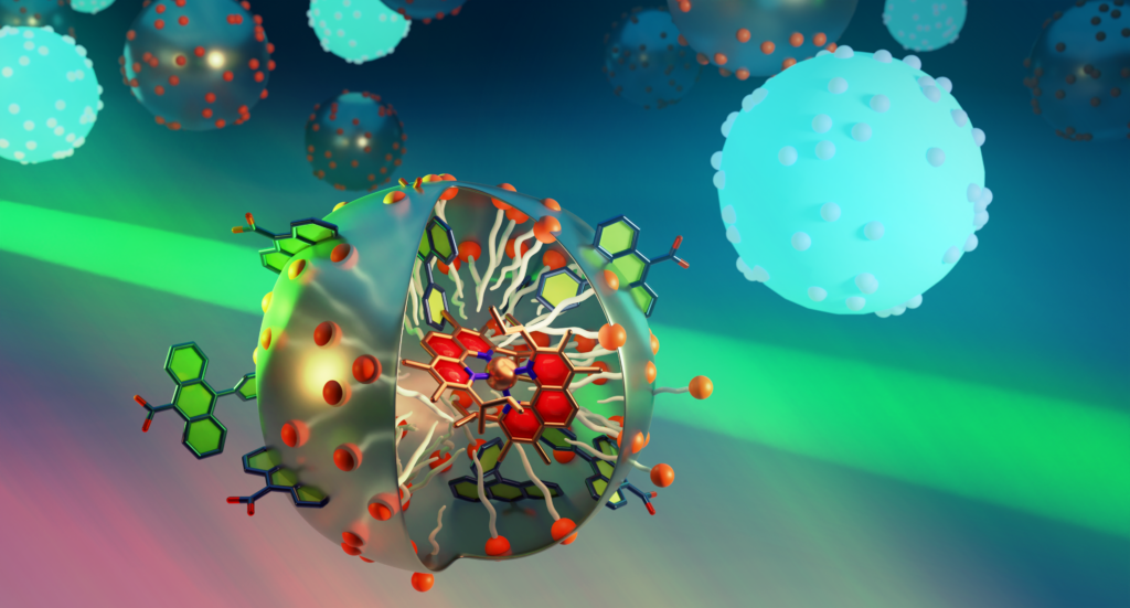 used light absorber based in a micelle and an energy acceptor to generate a high energy photon from 2 lower energy photons in water