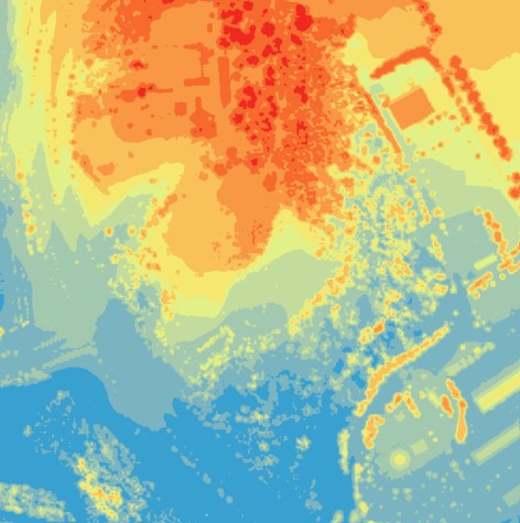 LiDAR point cloud data converted into a colorized spline to determine areas of similar elevation