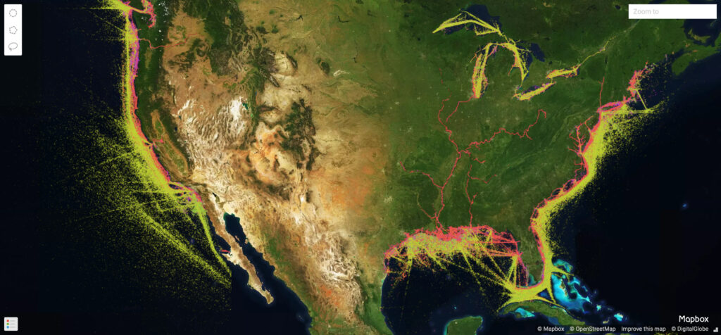 map of approximate 11.6 billion records of vessel (ship) traffic data for US region.