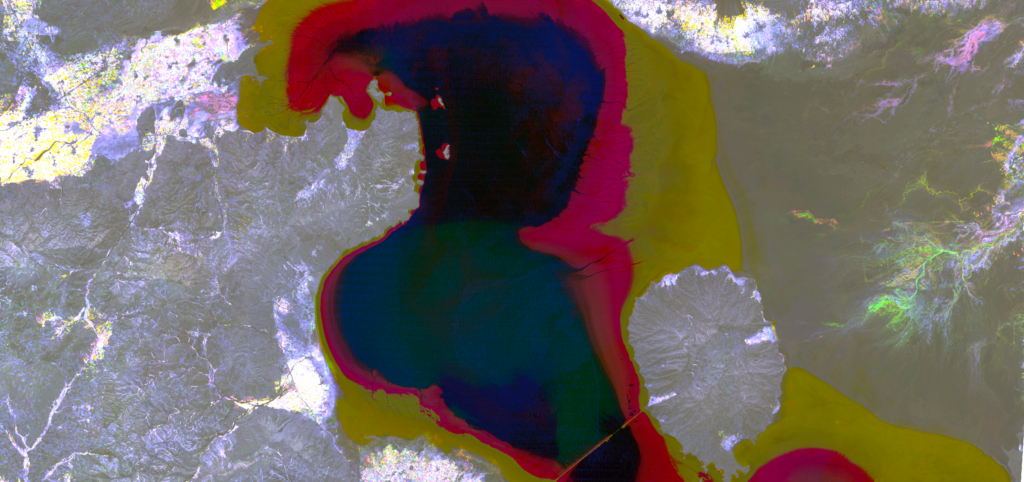 false color composite of three Landsat satellite images of Lake Urmia, Iran