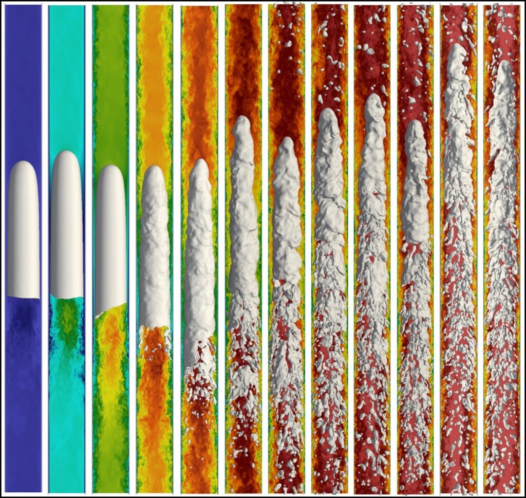 Visualization of a high-resolution simulation of a bubble-water flow being accelerated through a vertical cylindrical pipe