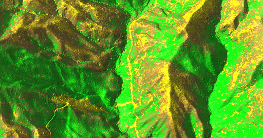 Two parallel mountain valleys with variable distribution of trees and other vegetation