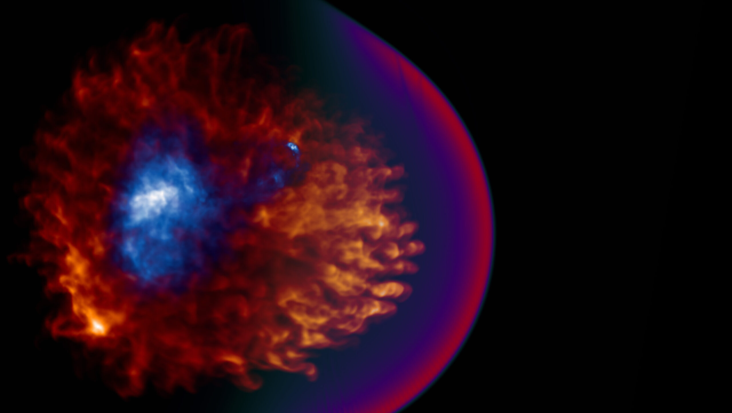 collapse supernova remnant which houses a wind of charged-particles (blue)