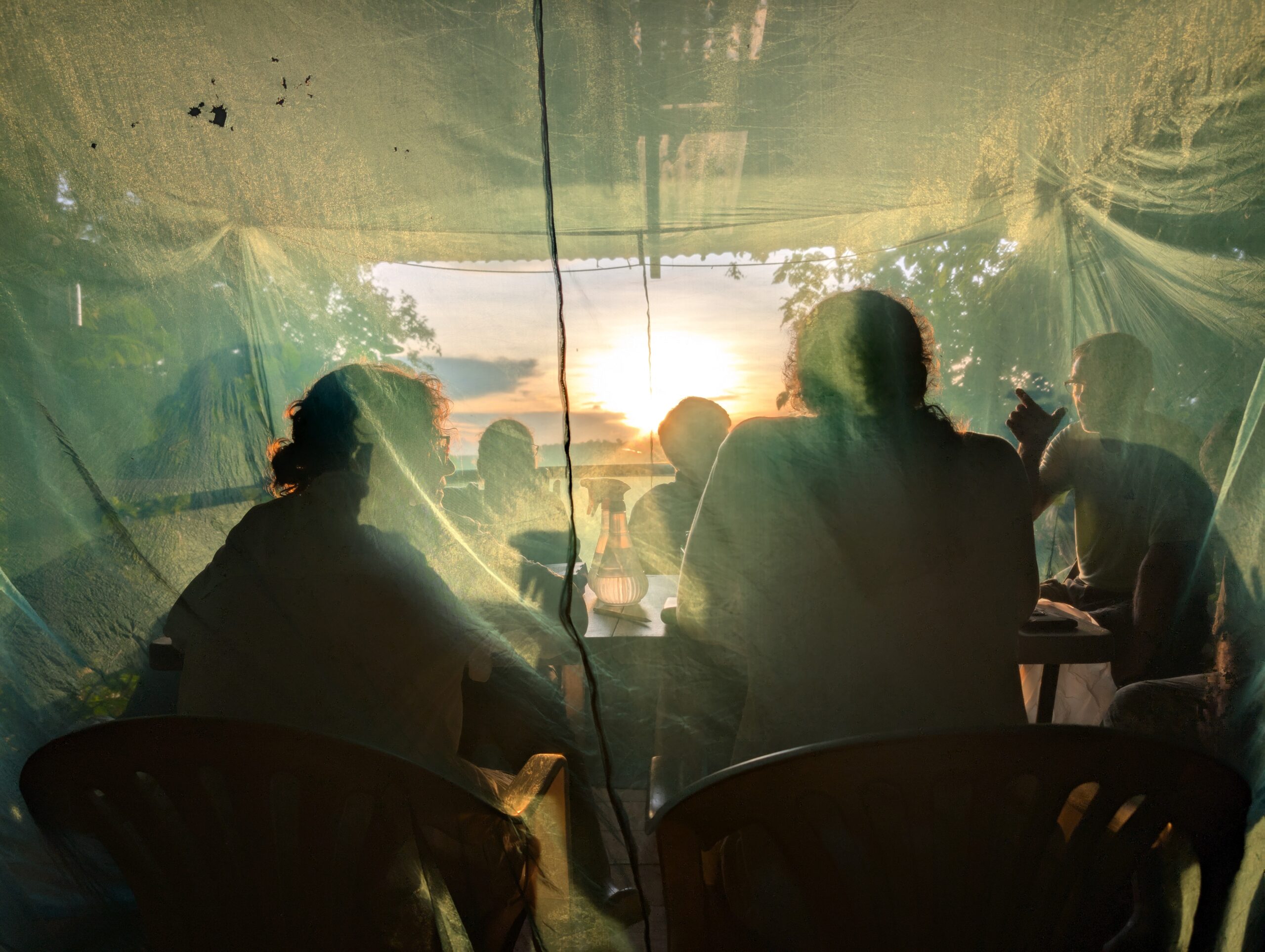 our animal-processing tent overlooking the Peruvian Amazon at sunset